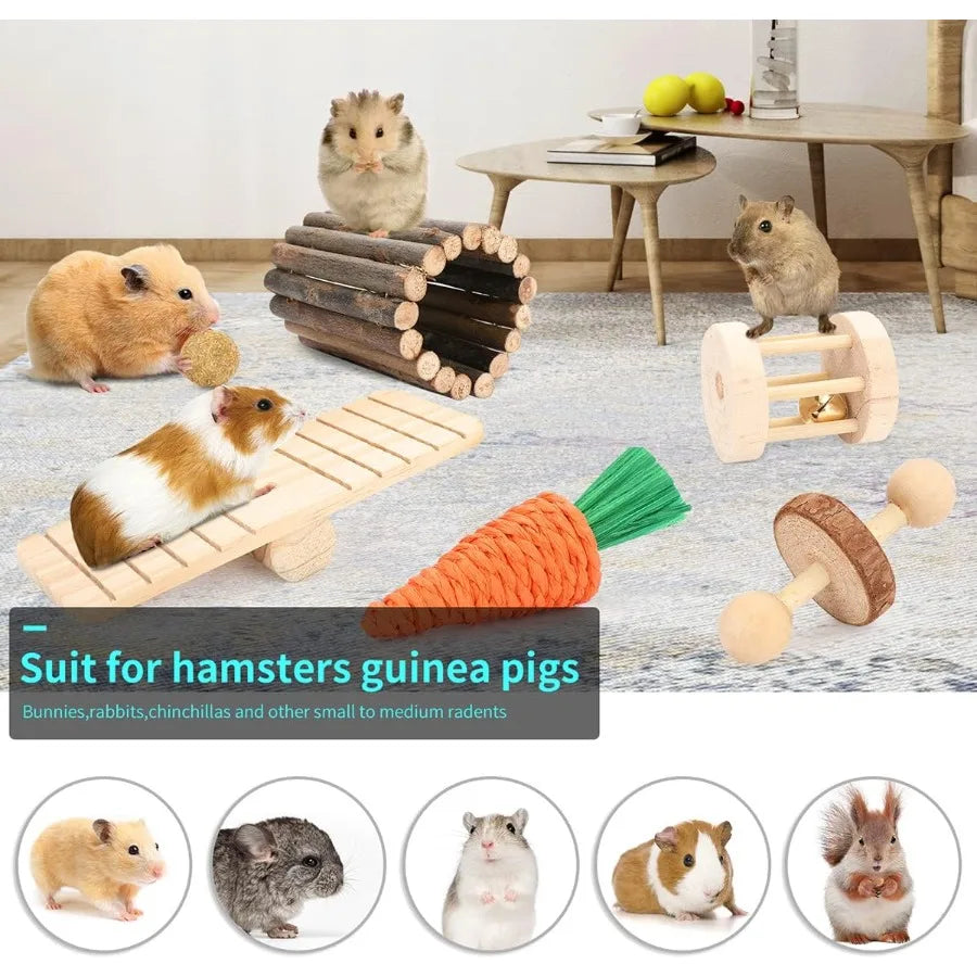 12-Piece Hamster Cage Accessories Set – Natural Wooden Chew Toys, Seesaw, Hideout, Climbing Toys for Guinea Pigs, Chinchillas, Gerbils, Mice, Rats, Rabbits & Bunnies