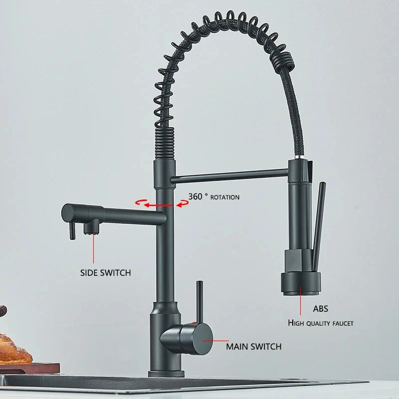Black Pull Down Kitchen Faucet – 2-Mode Dual Spout Hot & Cold Water Mixer, 360° Swivel, Deck-Mounted Flexible Sink Tap