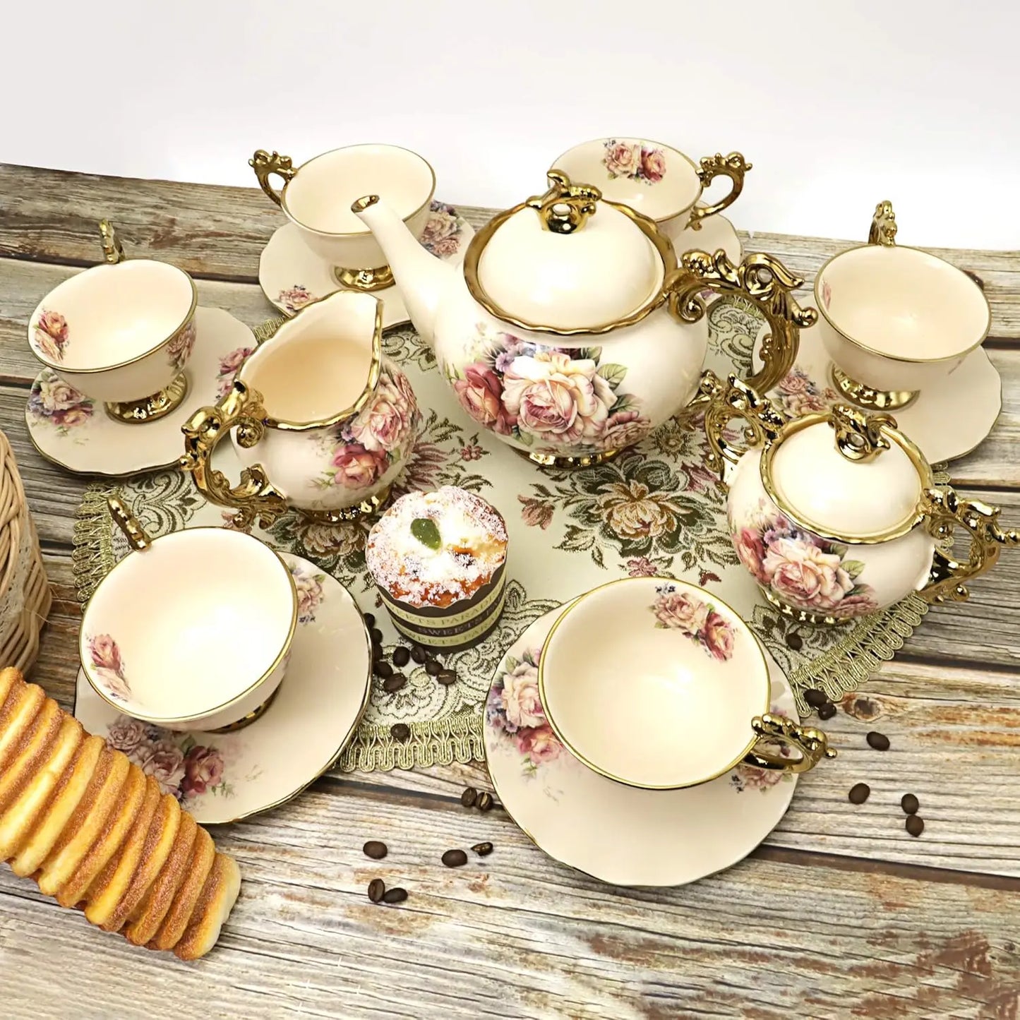 15-Piece British Porcelain Tea Set – Vintage Floral China Coffee Service with Large Tea Cups – Elegant Wedding & Adult Tea Party Set