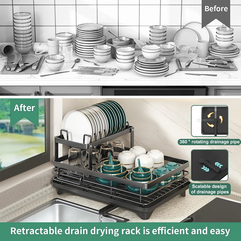 Large Dish Drying Rack for Kitchen Counter – Rustproof Black Dish Drainer with Drainboard, Adjustable Swivel Spout & Utensil Holder
