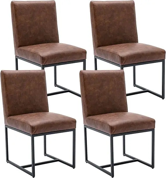 Faux Leather Upholstered Dining Chairs – Mid Century Modern Padded Kitchen Chairs with Black Metal Frame & Adjustable Foot Pads