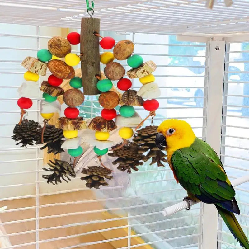 Bird Toys for Parrots – Multicolored Parrot Chewing Toy with Natural Wooden Blocks & Nuts, Hanging Bite Pendant for Parakeets, Cockatiels, Macaws, and Conures
