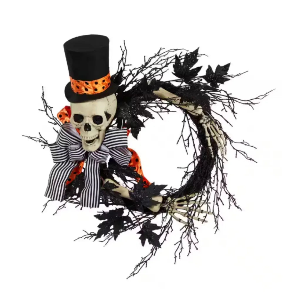 26-Inch Black Dapper Skeleton Halloween Wreath – Spooky & Stylish Front Door Decoration