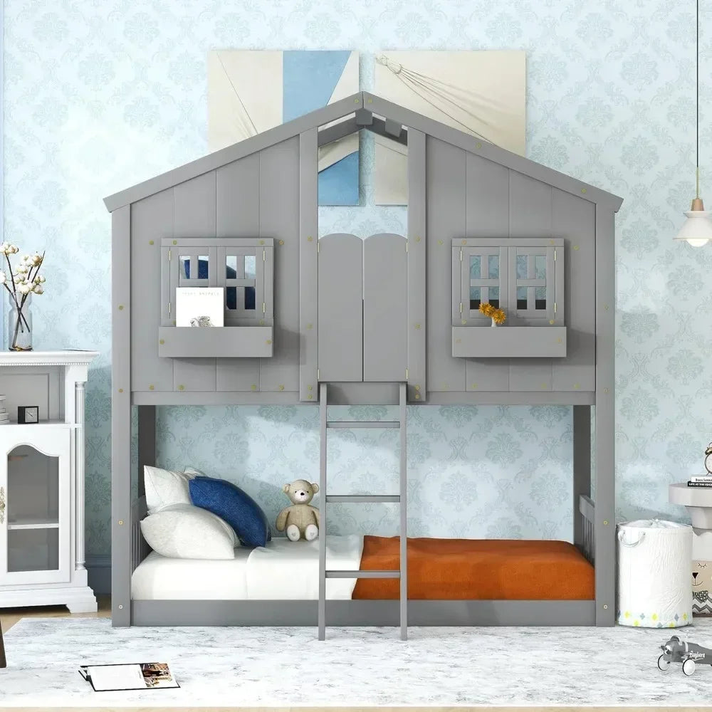 Twin Size House Bunk Bed Frame – Wooden Floor Bed Base with Roof, Window, Door & Flower Box – Playhouse Style Kids Bunk Bed