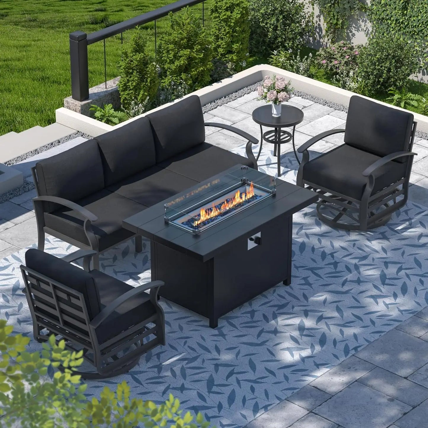 Aluminum Patio Furniture Set with Fire Pit Table – Swivel Chair Metal Sectional Sofa with Upgraded Cushions for Outdoor Patio, Deck, or Backyard