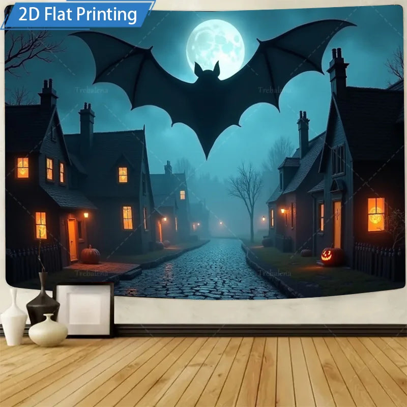 Halloween Wall Tapestry – Pumpkin Forest with Moonlit Path, Spooky Seasonal Décor for Home, Bedroom, or Party