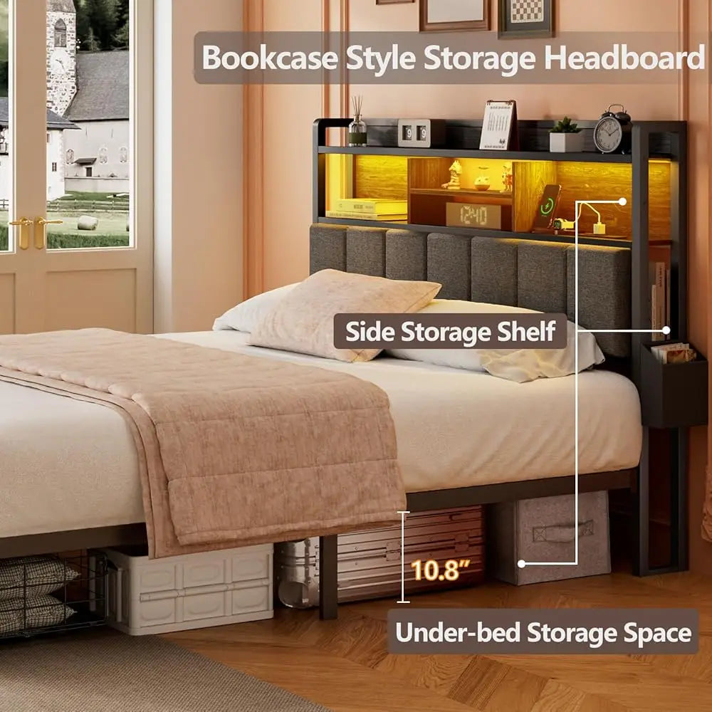 LED Queen Size Bed Frame with Storage Drawers & Charging Station – Metal Platform Bed with Headboard, No Box Spring Needed