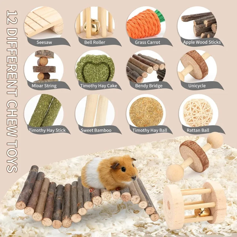 12-Piece Hamster Cage Accessories Set – Natural Wooden Chew Toys, Seesaw, Hideout, Climbing Toys for Guinea Pigs, Chinchillas, Gerbils, Mice, Rats, Rabbits & Bunnies