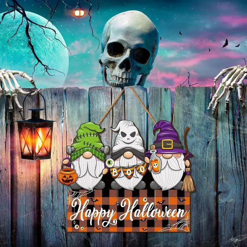 Halloween Wooden Gnome Sign – Cute Wooden Hanging Sign for Tree, Wall, or Indoor Halloween Decorations