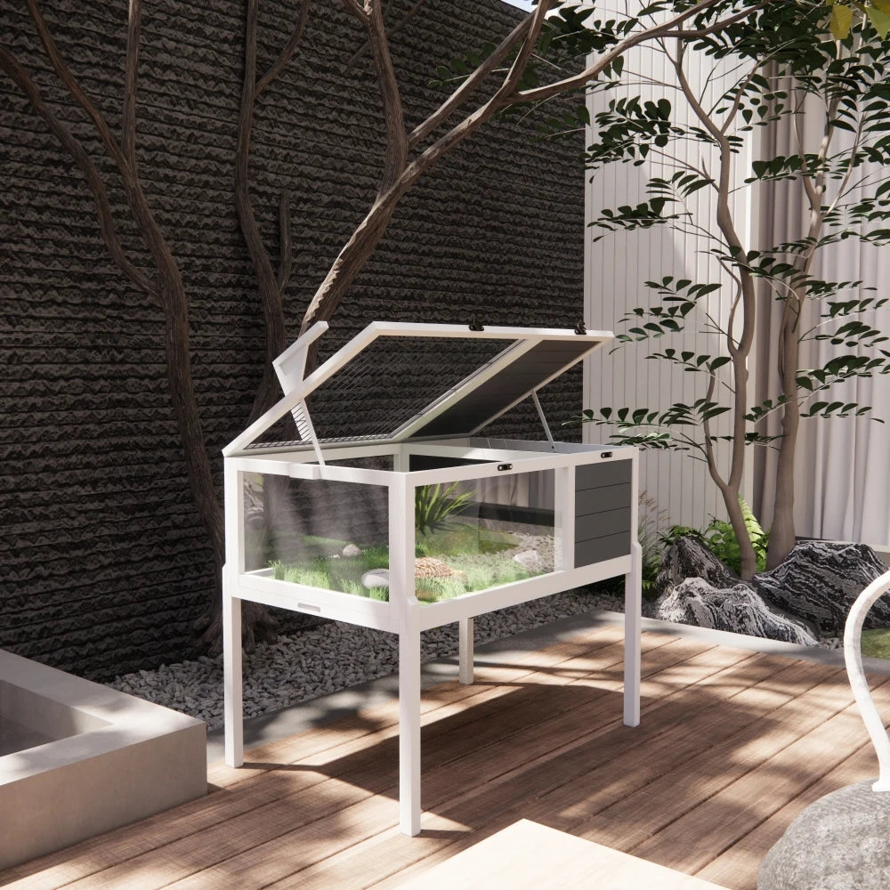 Wooden Tortoise Habitat House – Reptile Cage with Detachable Legs, Removable Waterproof Tray & Built-in Light for Small Animals