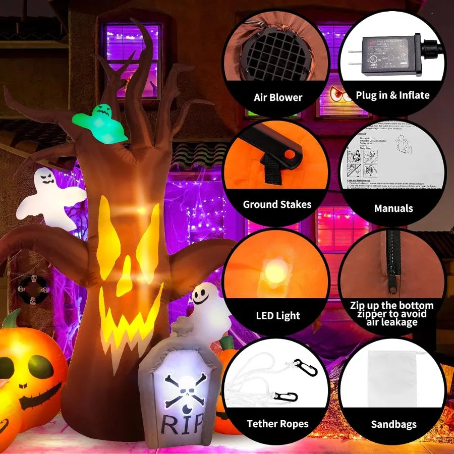 8FT Halloween Inflatable Dead Tree Decoration with Built-In LED Lights – Spooky Blow-Up for Outdoor Garden, Lawn, or Yard Display