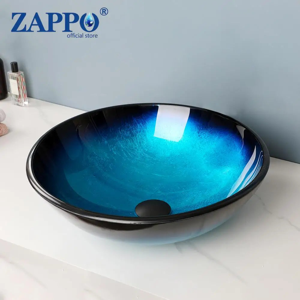 ZAPPO Blue Tempered Glass Bathroom Vessel Sink with Waterfall Black Faucet – Oval Above-Counter Basin Set