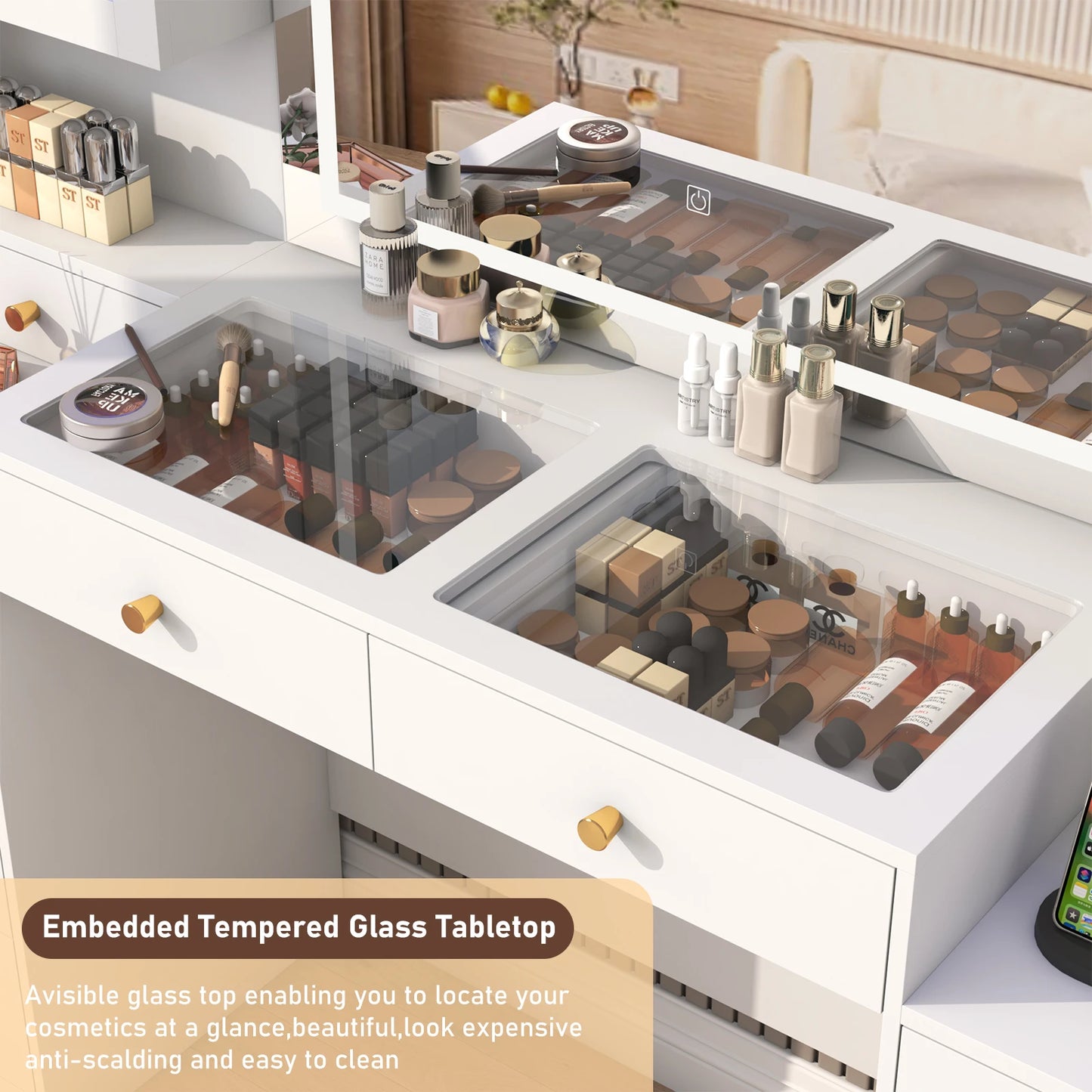 61.7" Large Vanity Desk with Mirror and Lights – Makeup Vanity with Charging Station, Sliding Drawers & Glass Door Cabinets