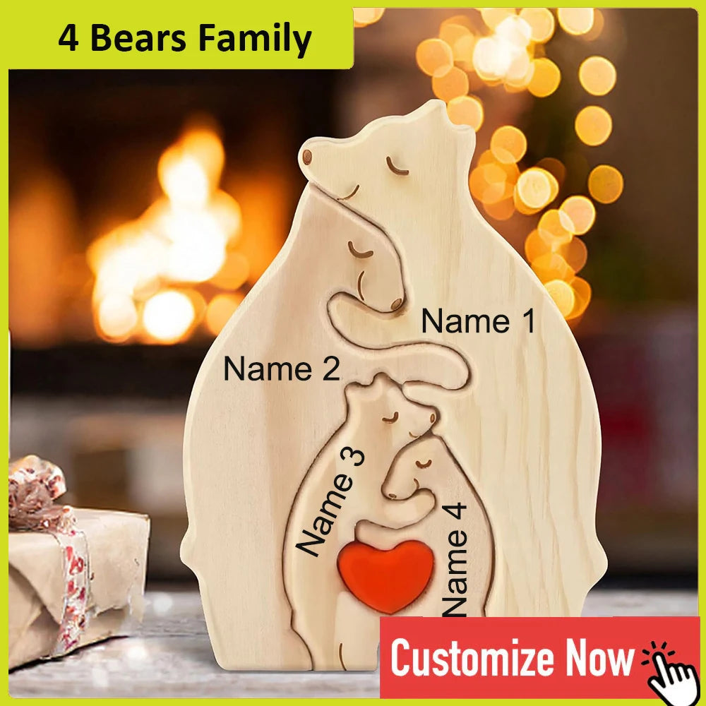 Personalized Custom Bear Family Wooden Puzzle – DIY Name Engraved Sculpture Figurine for Home Desk Decor, Christmas & Birthday Gift