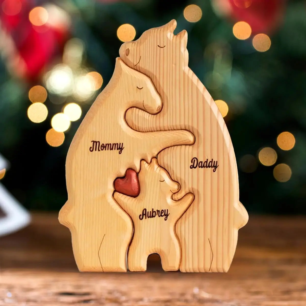 Personalized Custom Bear Family Wooden Puzzle – DIY Name Engraved Sculpture Figurine for Home Desk Decor, Christmas & Birthday Gift