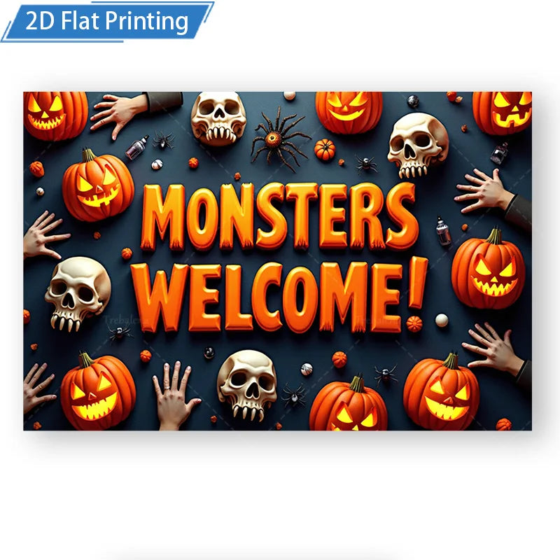 Halloween Wall Tapestry – Monsters, Skulls & Pumpkins, Spooky Welcome Décor for Home, Bedroom, or Party