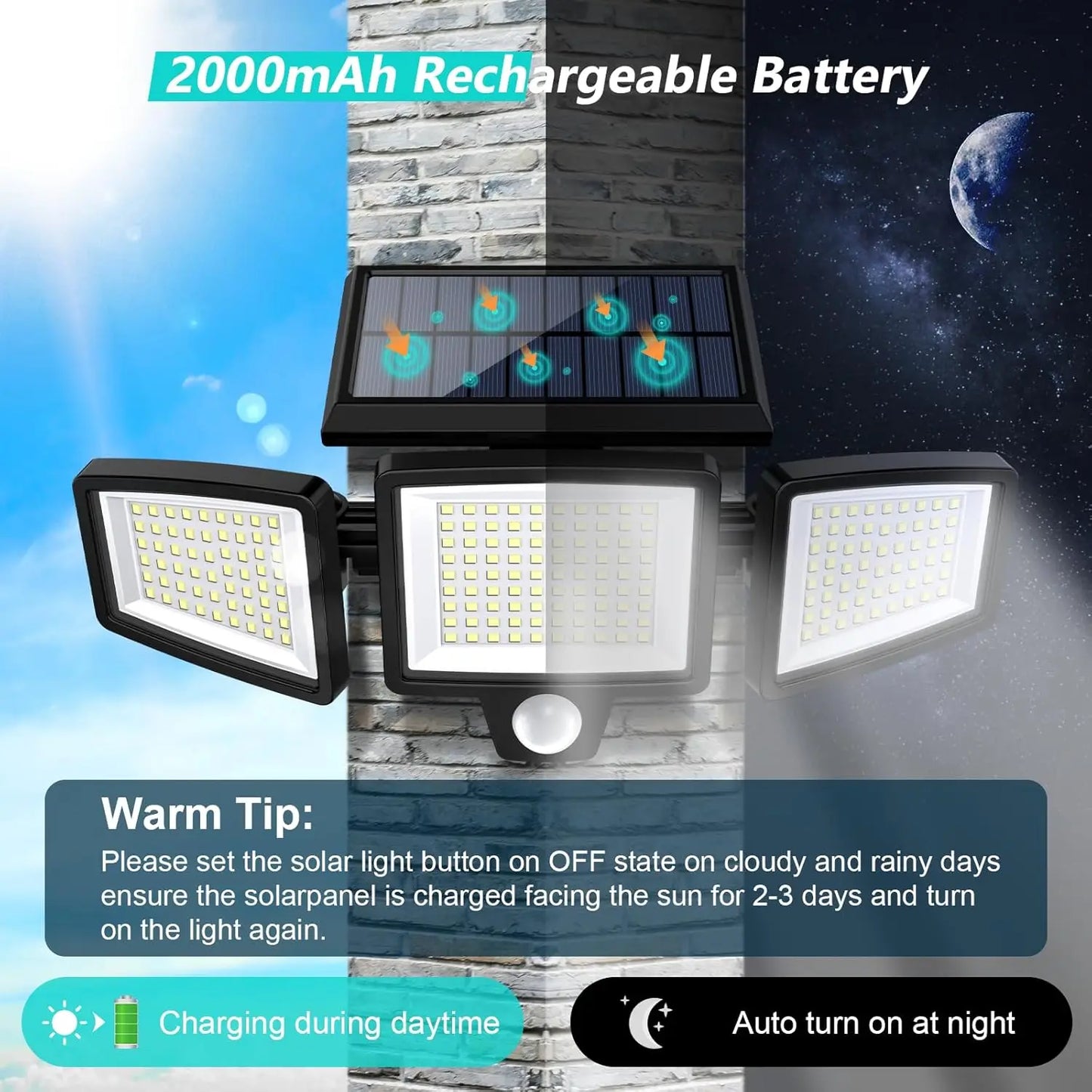 IP65 Waterproof Triple Head Outdoor Solar Light – 210 LED, 2500LM Motion Sensor Security Light for Porch, Garage, Patio, and Yard Entrance