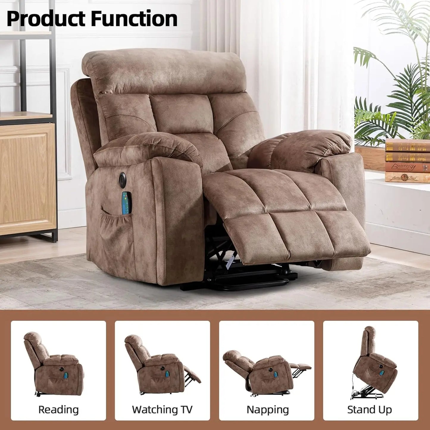 Overstuffed Wide Electric Power Lift Recliners with Massage and Heat, 2 Cup Holders, Side Pocket and USB Port