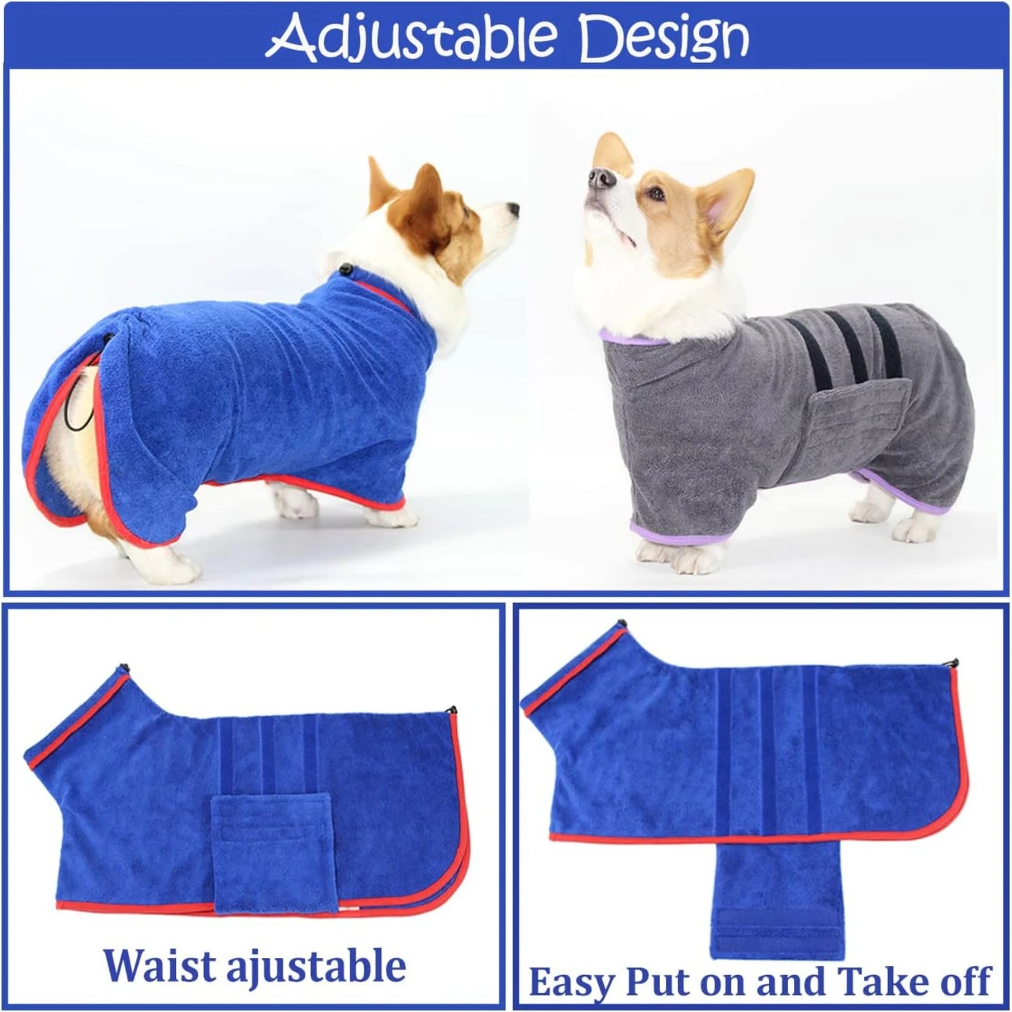 Super Absorbent Microfiber Pet Towel / Robe - Adjustable Collar & Belly Strap