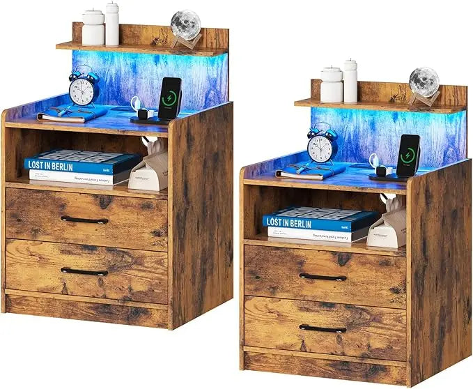 Set of 2 Nightstands with LED Lights & Charging Station – Modern Bedside Tables with Drawers, USB Ports & Open Storage