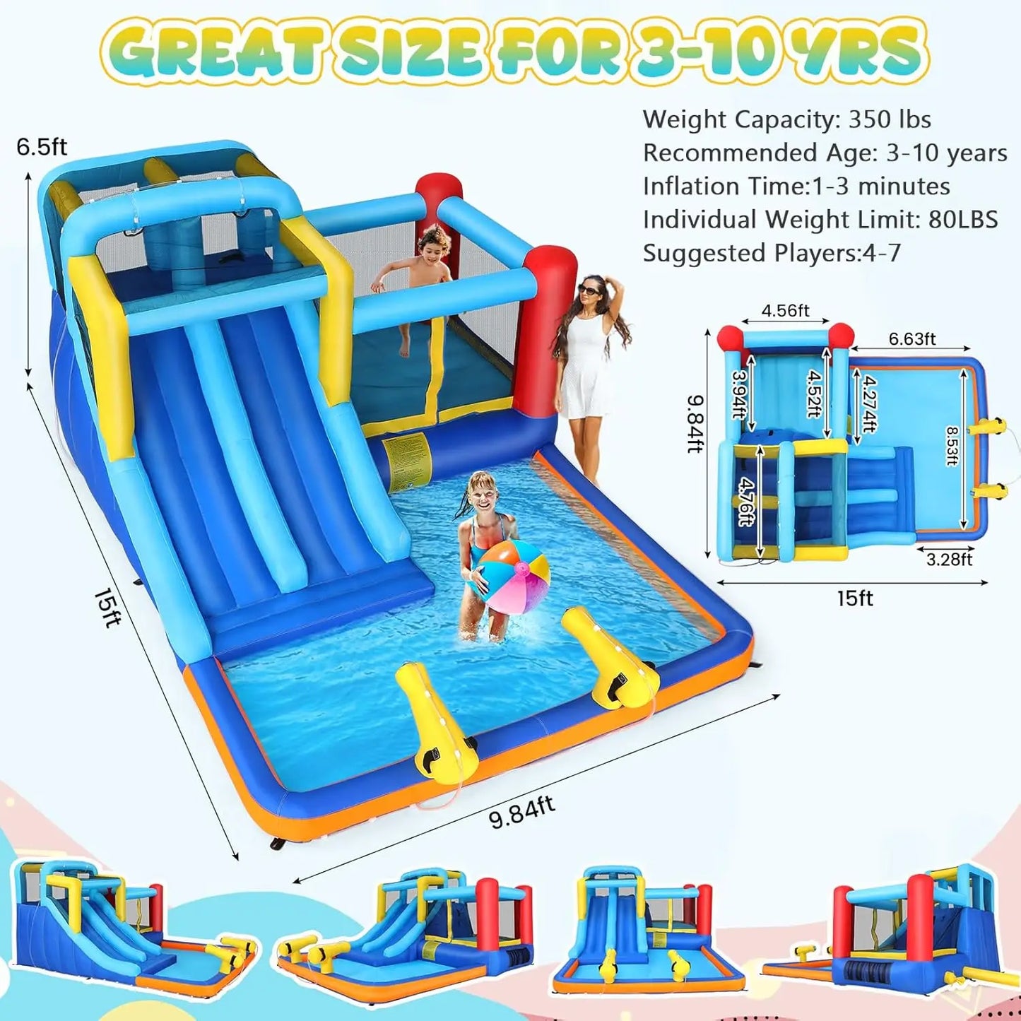 Whubefy 15x9.95Ft Inflatable Water Slide Bounce House – Outdoor Bouncy Castle with Slide & Splash Pool for Kids Ages 3–6
