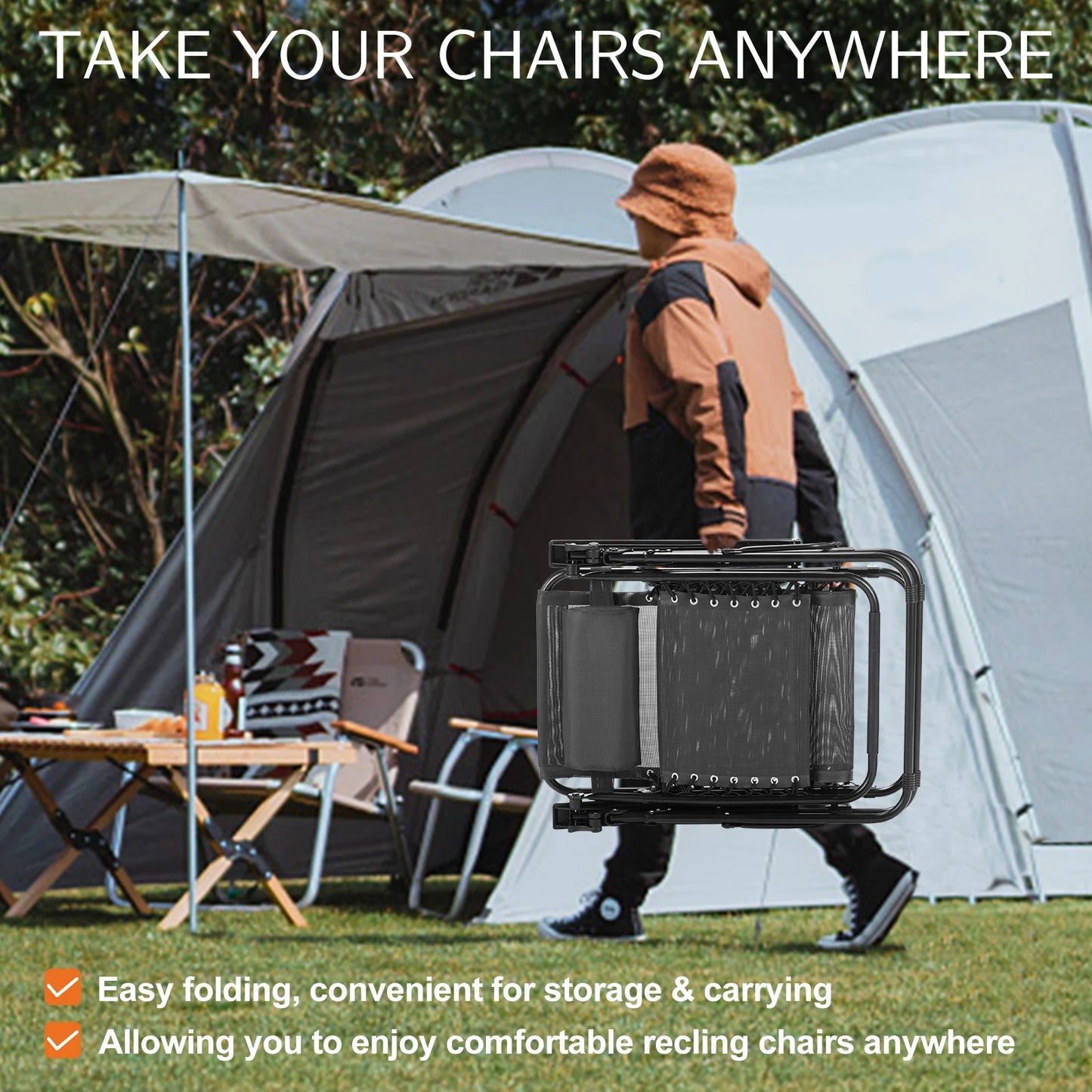 JHK Zero Gravity Lounge Chair Set of 2 – Portable Recliner Chairs with Cup Holder Trays & Adjustable Headrests for Patio, Camping, Garden, or Poolside