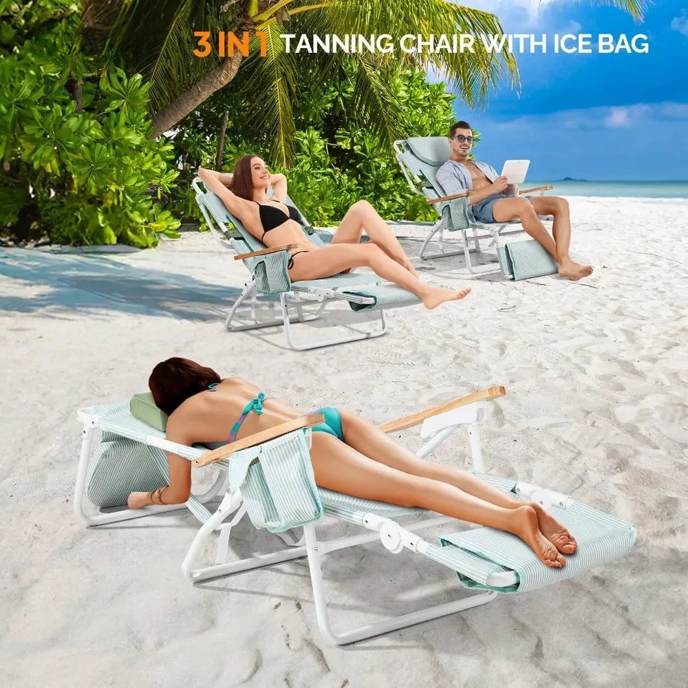 Deluxe 3-in-1 Beach Lounge Chair with Face Hole – Reclining Tanning Chair with Footrest, Cup Holder & Storage Bag – Portable Foldable Sunbed for Outdoor, Pool, Patio, and Beach