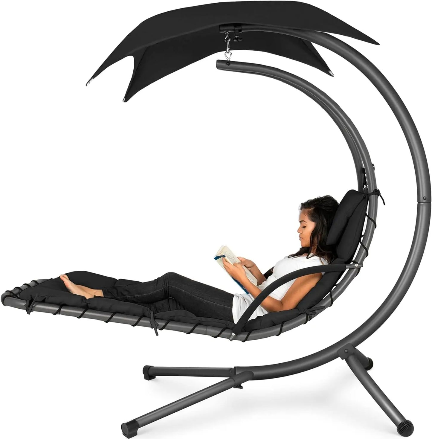 Outdoor Hanging Curved Steel Chaise Lounge Chair Swing w/Built-in Pillow and Removable Canopy