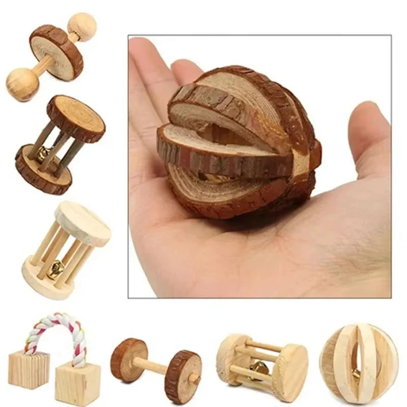Natural Wooden Small Animal Toy Set – Chew Toys for Guinea Pigs, Rabbits, Hamsters | Dumbbells, Unicycle, Bell, Braided Balls & More