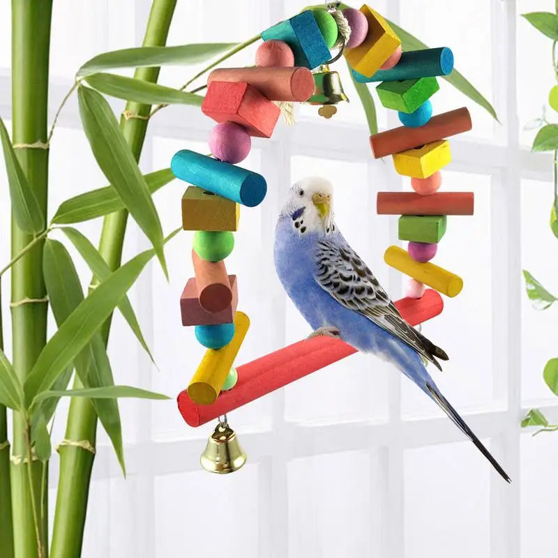 Wooden Bird Swing for Parakeets – Hanging Perch with Bell, Chewing Toy & Standing Rod for Lovebirds, Conures, Cockatiels, and Small Parrots