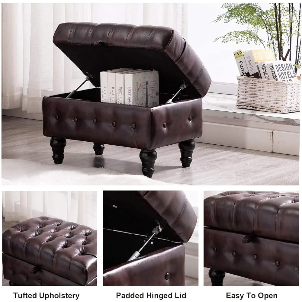 Modern Button-Tufted Storage Ottoman – PU Fabric Footstool with Hidden Storage for Living Room, Bedroom & Entryway