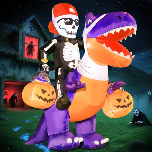 6FT Inflatable Halloween Skeleton Knight Riding Dinosaur – LED Lighted Blow-Up Decoration for Outdoor Holiday Display