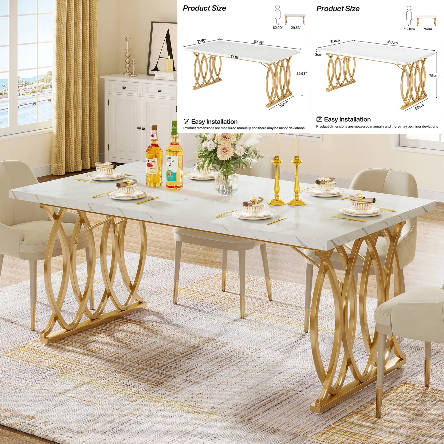Tribesigns 63-Inch Rectangular Dining Table for 4-6 – Modern Kitchen Table with Faux Marble Top, White Finish