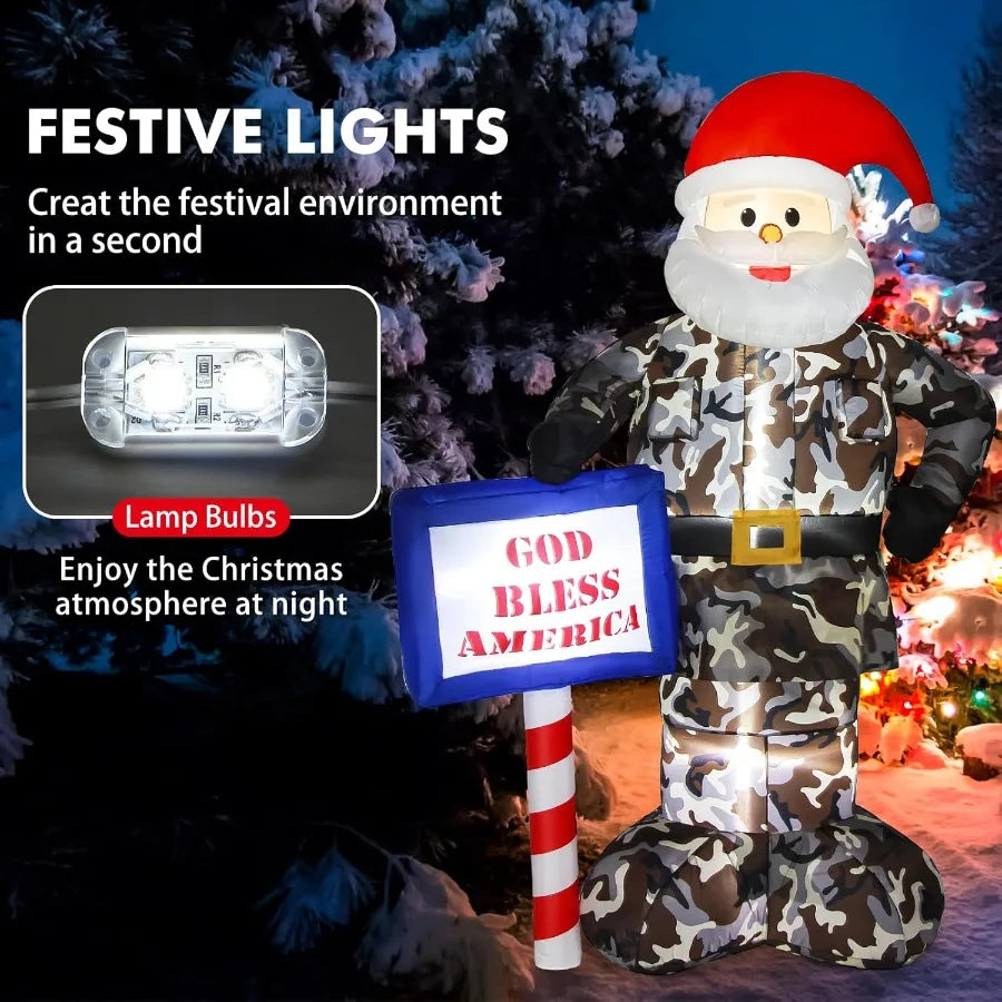 7FT Giant Inflatable Camouflage Santa Claus with Built-in LED Lights – Outdoor Christmas Decoration