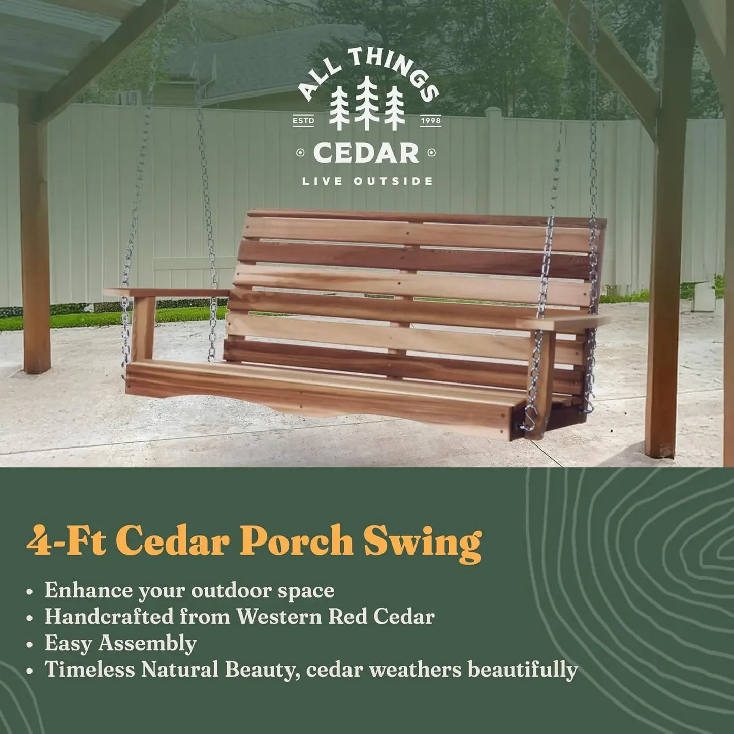 4-Foot Wooden Porch Swing – Natural Outdoor Patio Hanging Bench for Garden, Deck, or Porch