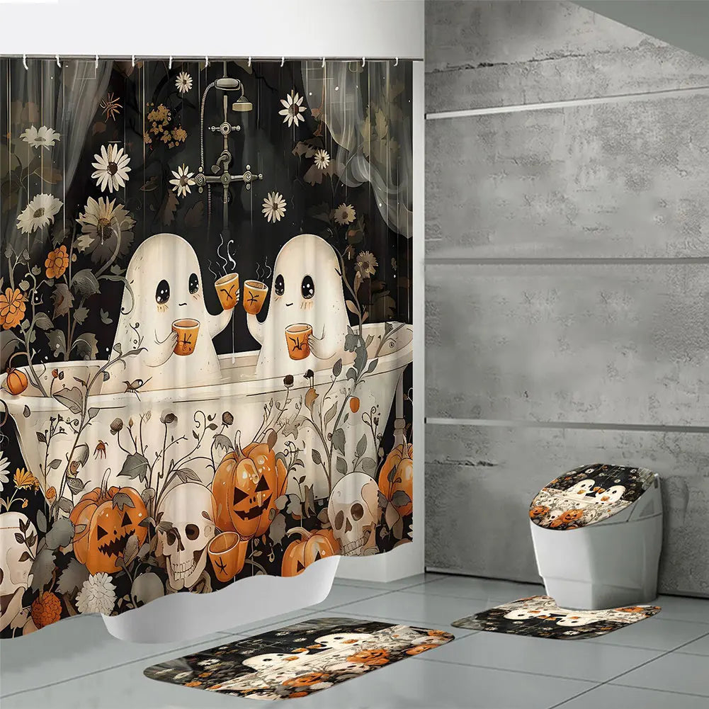 Cute Cartoon Ghost Shower Curtain Set Halloween Bathroom Curtain Polyester Fabric Bathtub Curtain with Hooks for Bathroom Decor