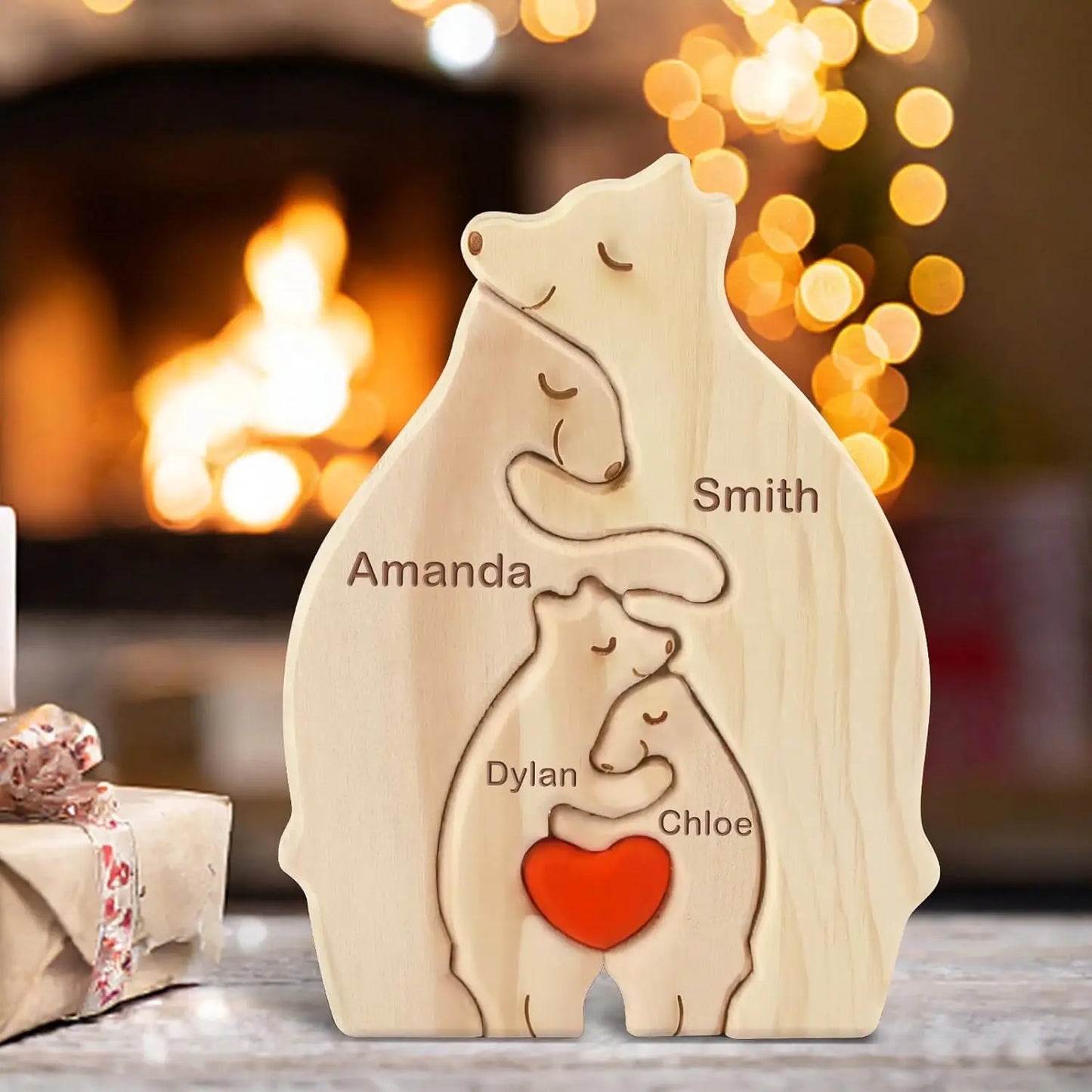 Personalized Custom Bear Family Wooden Puzzle – DIY Name Engraved Sculpture Figurine for Home Desk Decor, Christmas & Birthday Gift