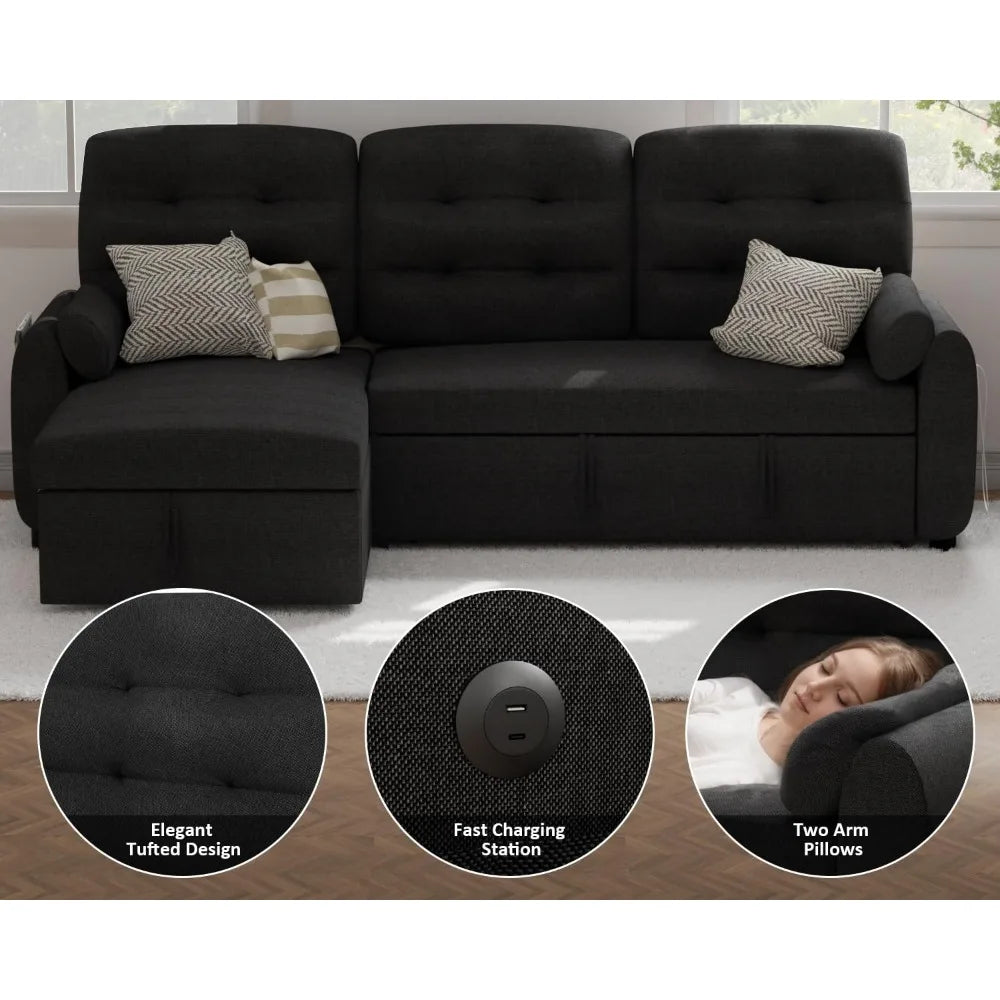 87" Sectional Sleeper Sofa Couch with Reversible Storage Chaise