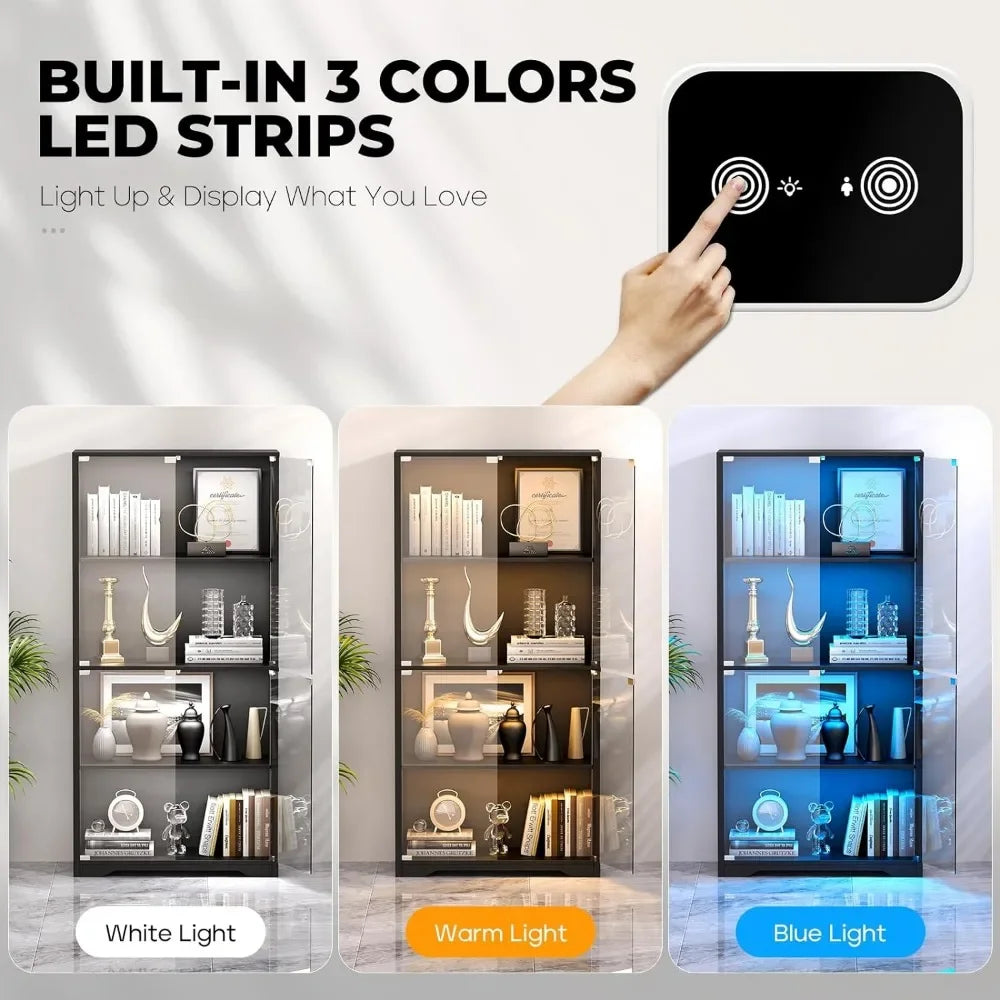 4-Tier Curio / Display Cabinet with Glass Doors and 3 Color Lights