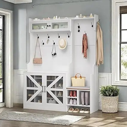 Farmhouse Hall Tree with Bench – Entryway Mudroom Organizer with 18 Shoe Cubbies, 12 Coat Hooks & Storage Bench