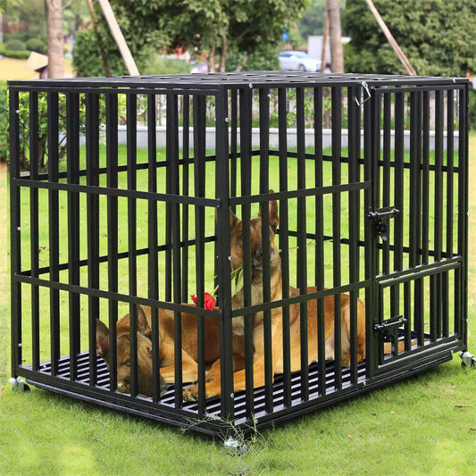 Heavy Duty Dog Crate with Wheels – L/XL/XXL Metal Pet Kennel with 3 Doors & Removable Tray