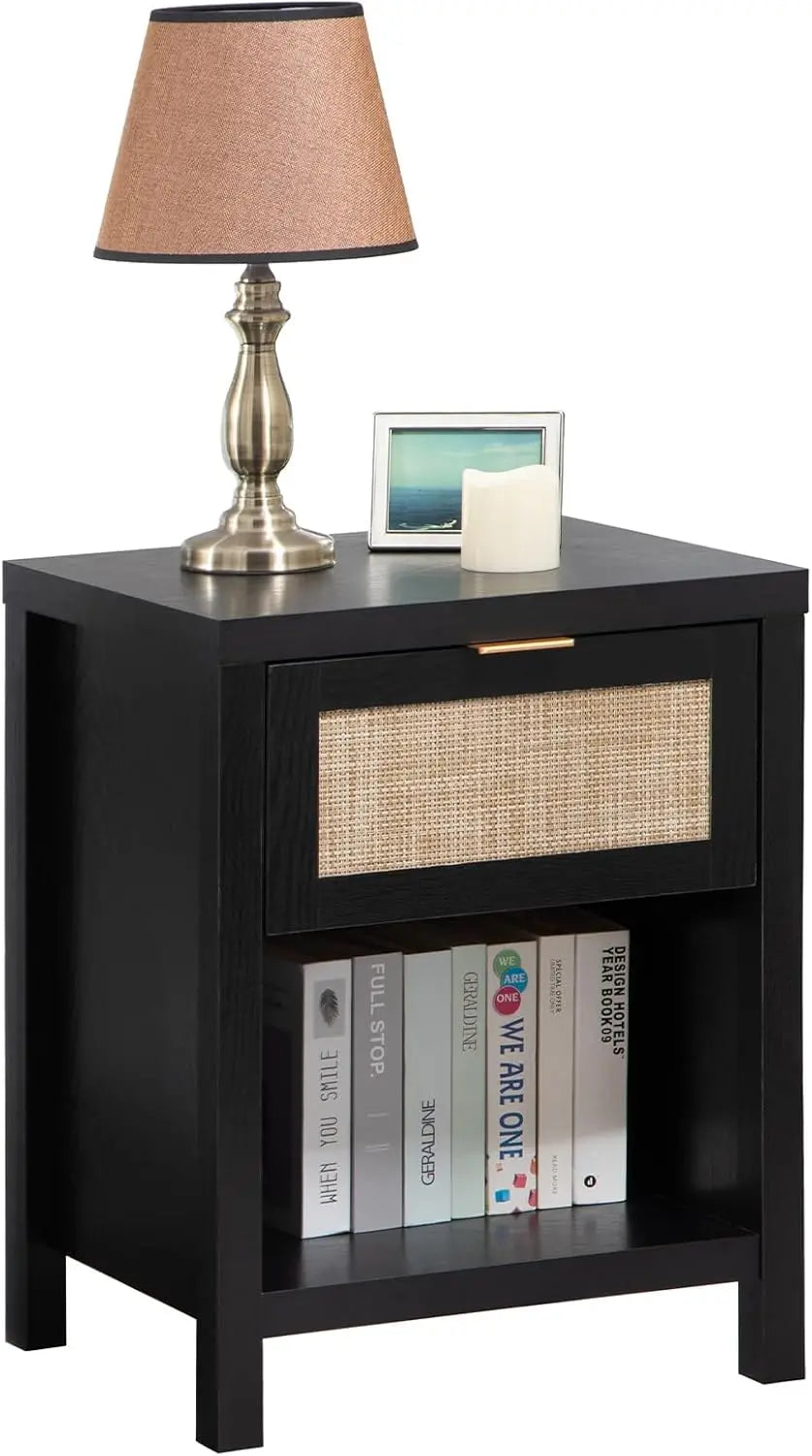 Rattan Nightstands Set of 2 – Farmhouse Bedside Tables with Drawer & Storage Shelf, Boho Chic End Tables with Wood Frame