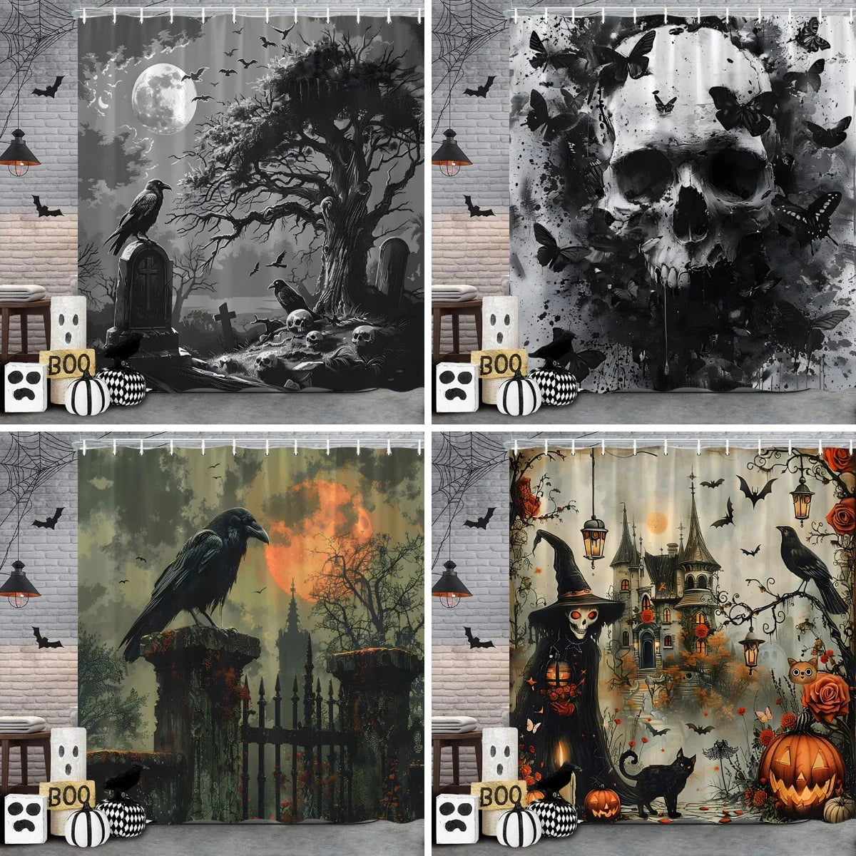 🦇 Spooky Halloween Skeleton & Crow Shower Curtain – Gothic Black Cat & Bat Design with Hooks