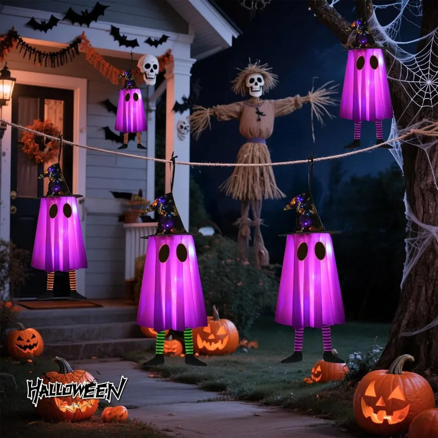 6P Lights Up Hanging Ghosts Halloween Decorations Outdoor Purple Orange Timer IP65 Waterproof Battery Operated Halloween Lights