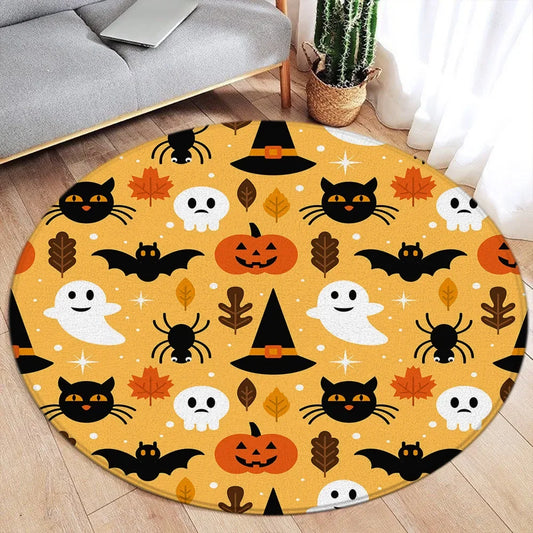 Cartoon Halloween Round Carpet – Cute Ghost, Pumpkin, Black Cat & Bat Rug for Living Room & Bedroom Decor