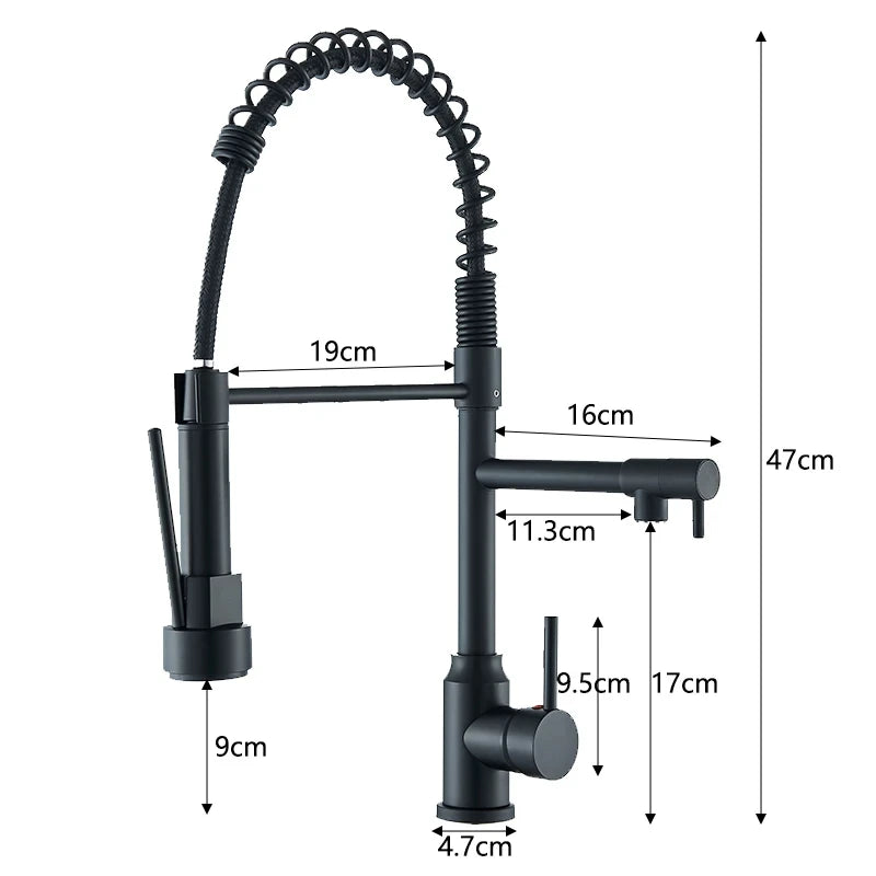 Black Pull Down Kitchen Faucet – 2-Mode Dual Spout Hot & Cold Water Mixer, 360° Swivel, Deck-Mounted Flexible Sink Tap