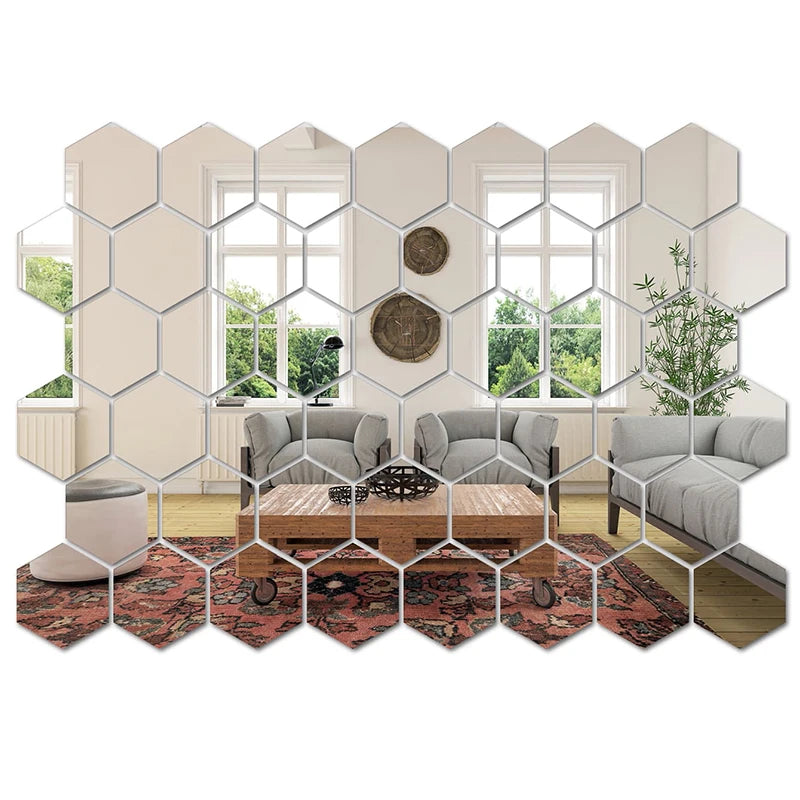45PCS Hexagon Mirror Wall Stickers – DIY 3D Acrylic Decorative Tiles for Home & Office