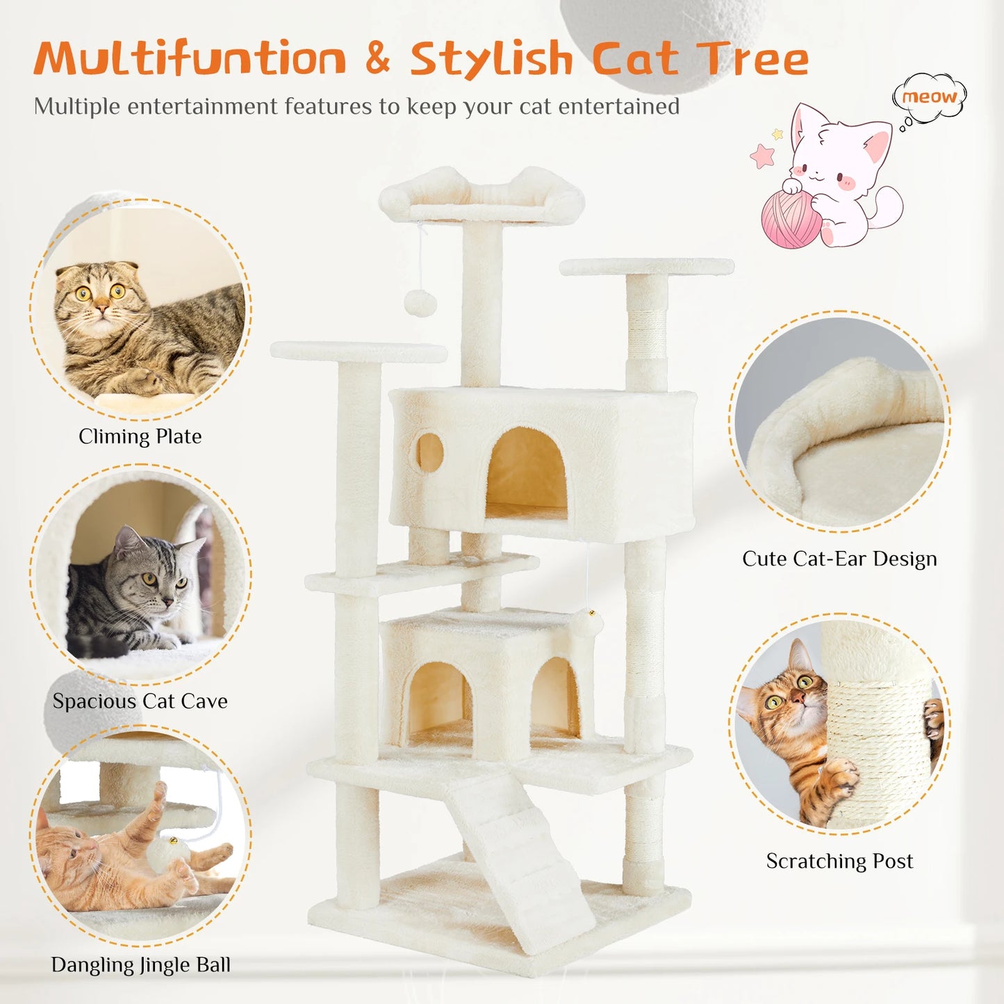 JHK 54” Tall Multi-Level Cat Tree Tower – Indoor Cat Playground with Sisal Scratching Posts, Cozy Condo, Perches & Sturdy Base