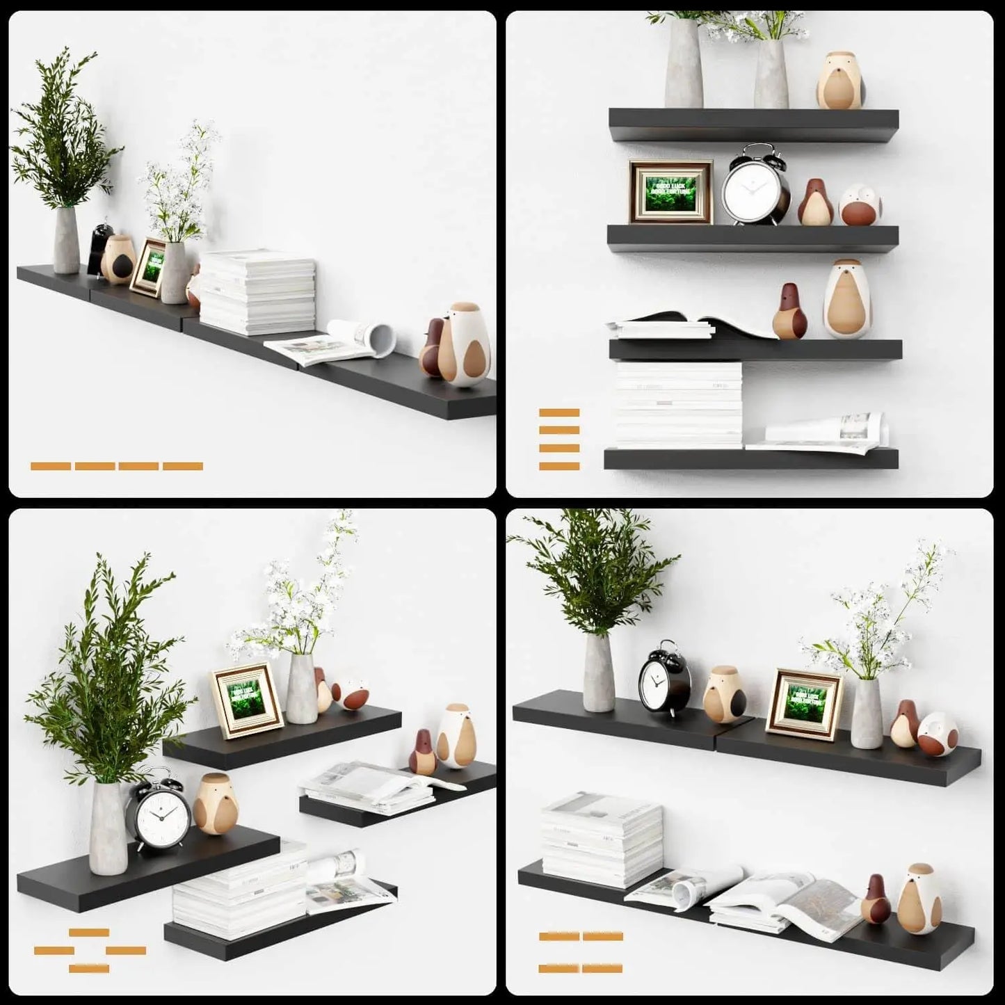 Bowillon White & Black Floating Wall Shelves – Wall Mounted Display for Bedroom, Living Room, Kitchen & Bathroom Décor