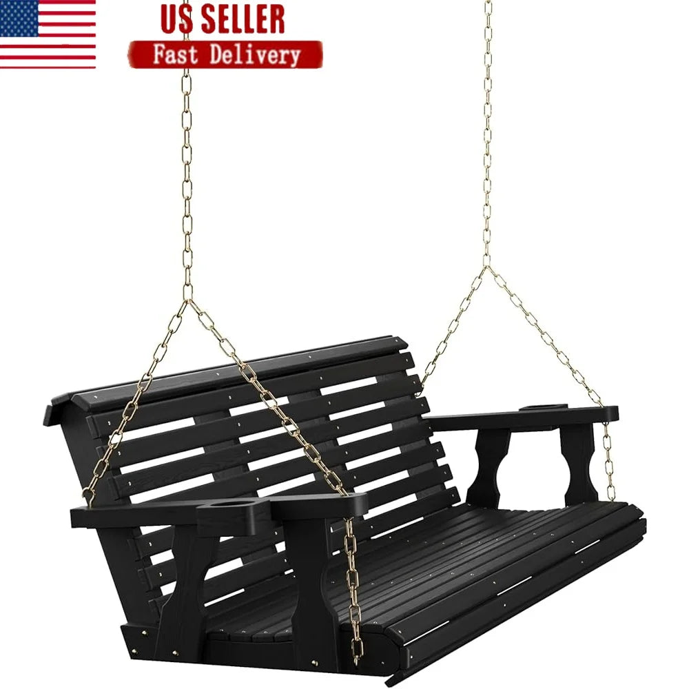 6-Foot Heavy-Duty Wooden Porch Swing – Handcrafted Rollback Design with Cup Holders & Contoured Lumbar Support – USA Made Outdoor Furniture